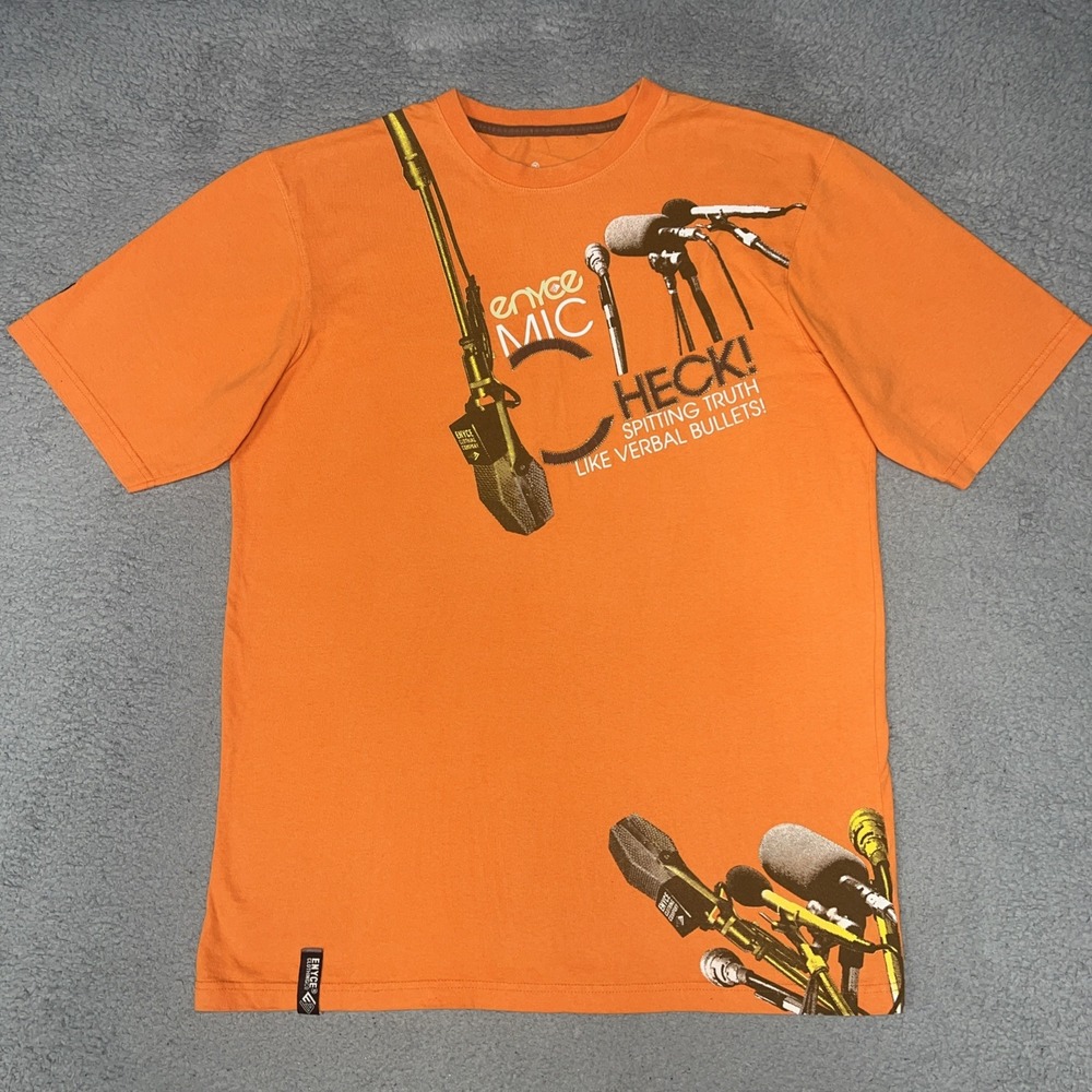 VTG Enyce Mic Check! Spitting Truth Like Verbal Bullets! T Shirt Men's XL Orange